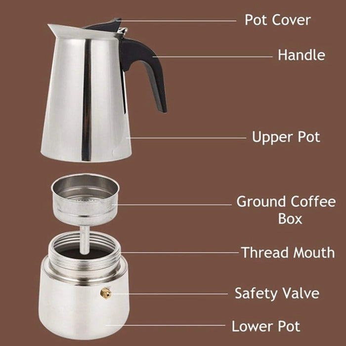 Kaapi Thota ™ Stainless Steel Espresso Maker | Stovetop and Induction Coffee Percolator | Italian Coffee Maker | Moka Pot (Silver)